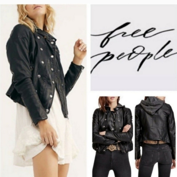Free People Hooded Vegan Faux Leather Moto Jacket NWT Size Large 12 - Picture 13 of 16